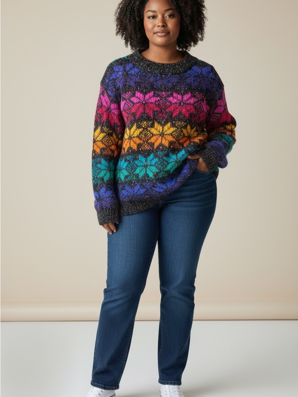 Barbara Sue Vintage  Multicolor Snowflake Crewneck Sweater in Brilliant Colours